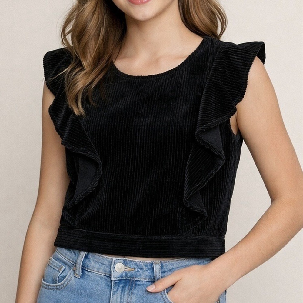 K by Kinnucan's Black Corduroy Ruffle Crop‎ Top L Sleeveless Back Zip Tie Edgy